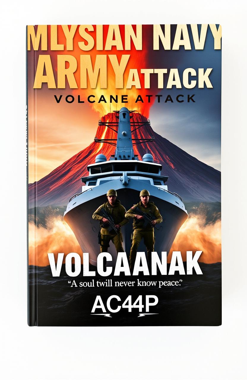 A dramatic book cover depicting a powerful navy boat positioned in front of a majestic volcano, with two army soldiers standing assertively in front of the boat