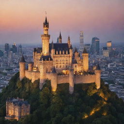 An antique castle majestically standing amidst a bustling modern city skyline during sunset.