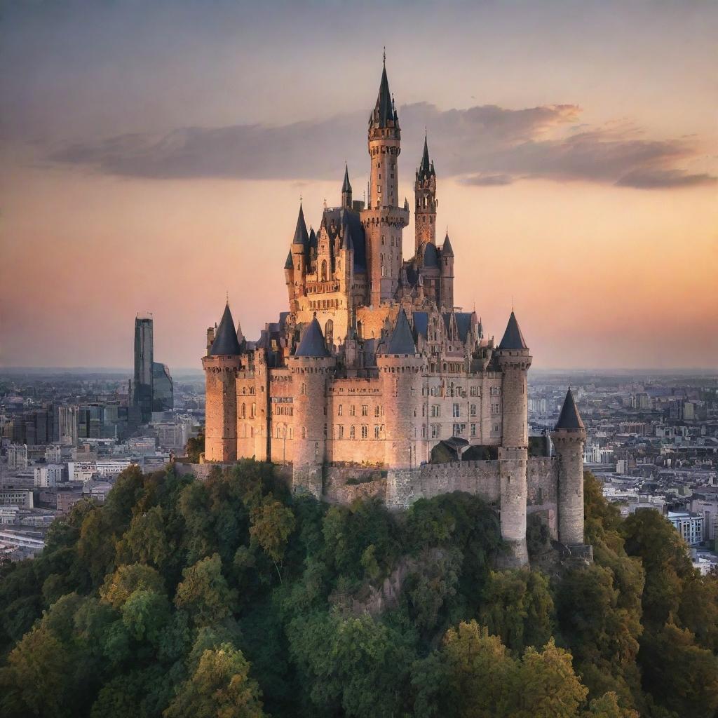 An antique castle majestically standing amidst a bustling modern city skyline during sunset.