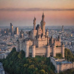 An antique castle majestically standing amidst a bustling modern city skyline during sunset.