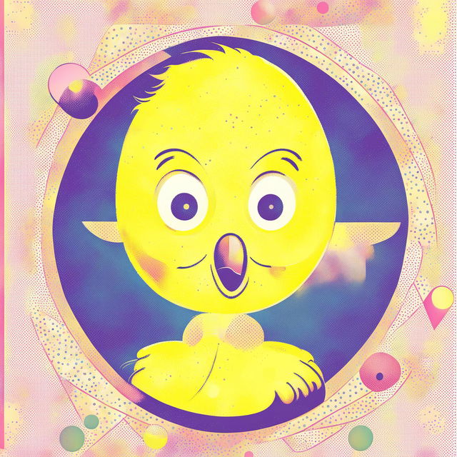 Digital art of Tweety Bird in vibrant yellow against a retro-inspired geometric background in pastel hues. Tweety stands on a perch suggesting an old-fashioned birdcage.