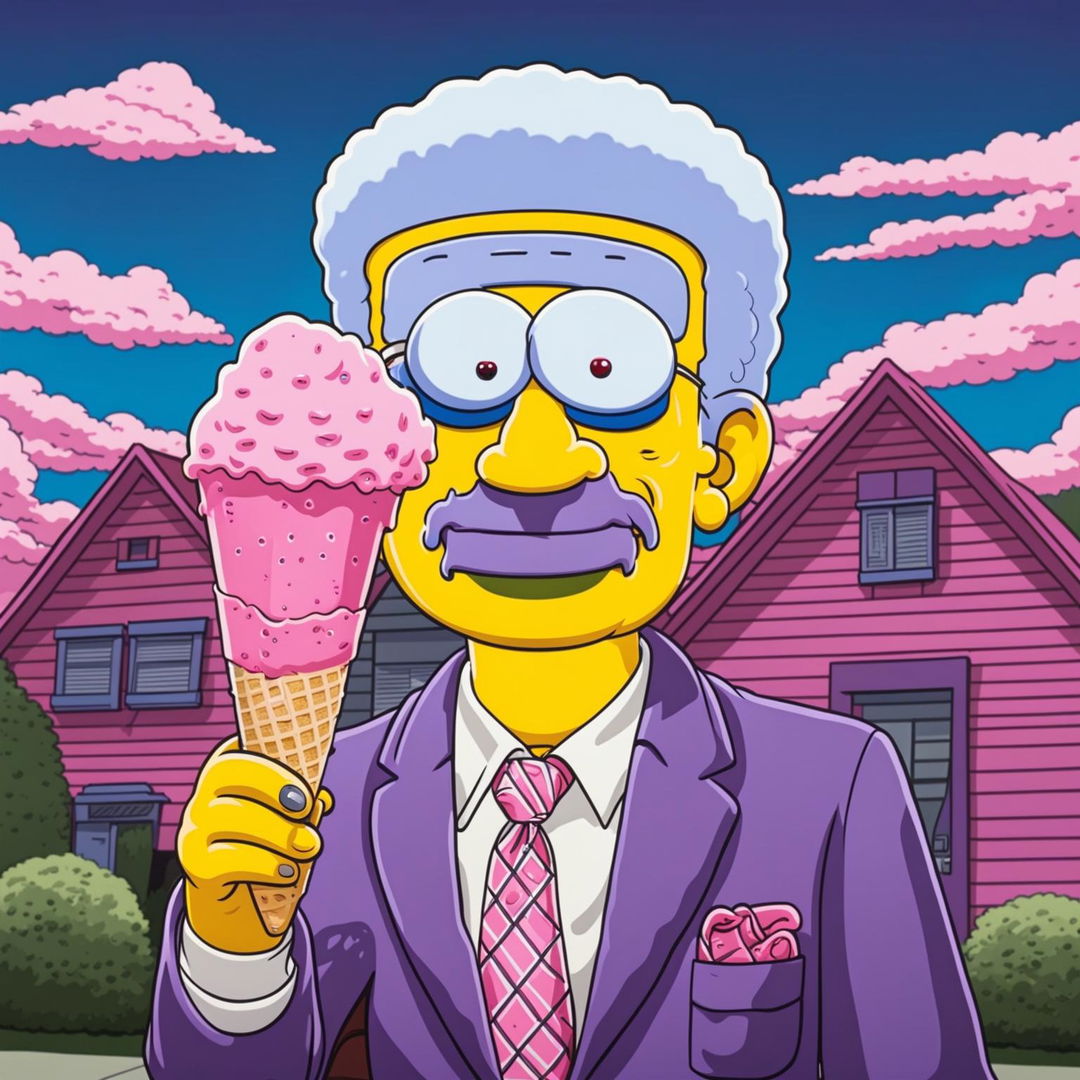 Joe Biden as a Simpsons character, standing in front of the Simpsons' house with an ice cream cone.