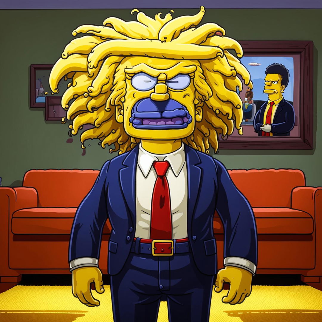 Donald Trump depicted as a Simpsons character, with exaggerated features and in the middle of the Simpsons' living room.