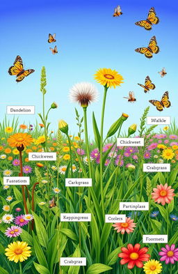 A detailed and colorful illustration showing various types of weeds (gulma) in a lush garden setting