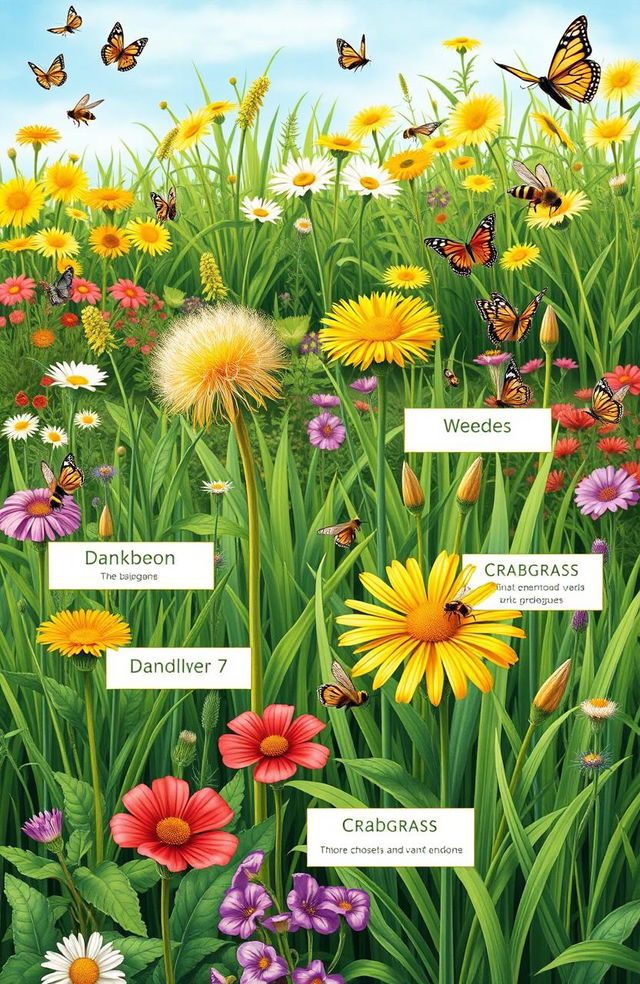 A detailed and colorful illustration showing various types of weeds (gulma) in a lush garden setting