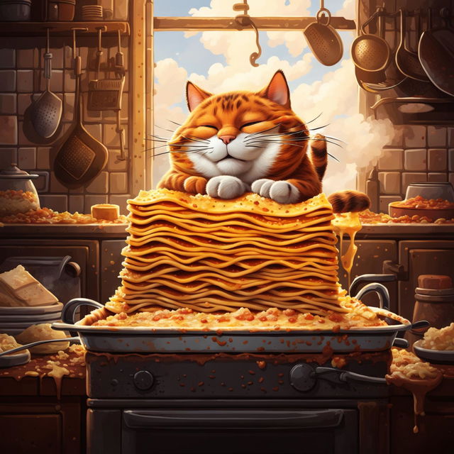 Cartoon-style image featuring Garfield sitting in a cozy kitchen, eyes half-closed in anticipation as he gazes at a towering stack of freshly baked lasagna.