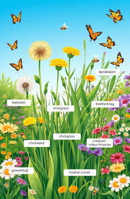 A detailed and colorful illustration showing various types of weeds (gulma) in a lush garden setting