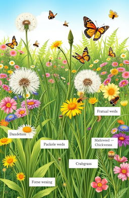 A detailed and colorful illustration showing various types of weeds (gulma) in a lush garden setting