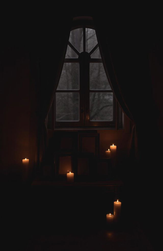 A dark romantic scene featuring blank photographs that evoke mystery and intrigue