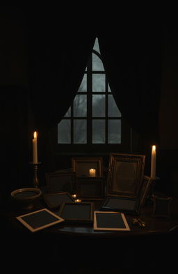A dark romantic scene featuring blank photographs that evoke mystery and intrigue