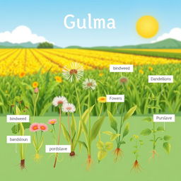 An educational and visually engaging illustration of weeds (gulma) in a diverse agricultural landscape