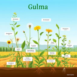 An educational and visually engaging illustration of weeds (gulma) in a diverse agricultural landscape