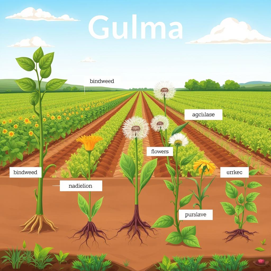 An educational and visually engaging illustration of weeds (gulma) in a diverse agricultural landscape