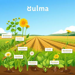 An educational and visually engaging illustration of weeds (gulma) in a diverse agricultural landscape