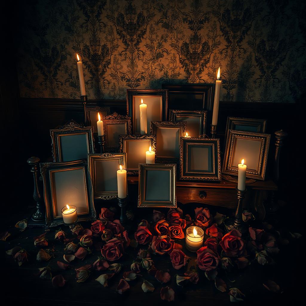 A dark romantic scene centered around a collection of blank old photographs that suggest obsession and longing