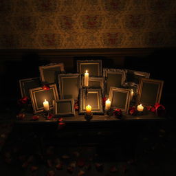 A dark romantic scene centered around a collection of blank old photographs that suggest obsession and longing