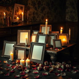 A dark romantic scene centered around a collection of blank old photographs that suggest obsession and longing