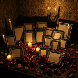 A dark romantic scene centered around a collection of blank old photographs that suggest obsession and longing