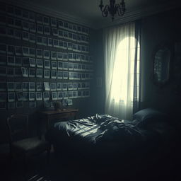 A dark romantic scene set in a dimly lit bedroom, featuring an entire wall covered with blank Polaroid-style photographs