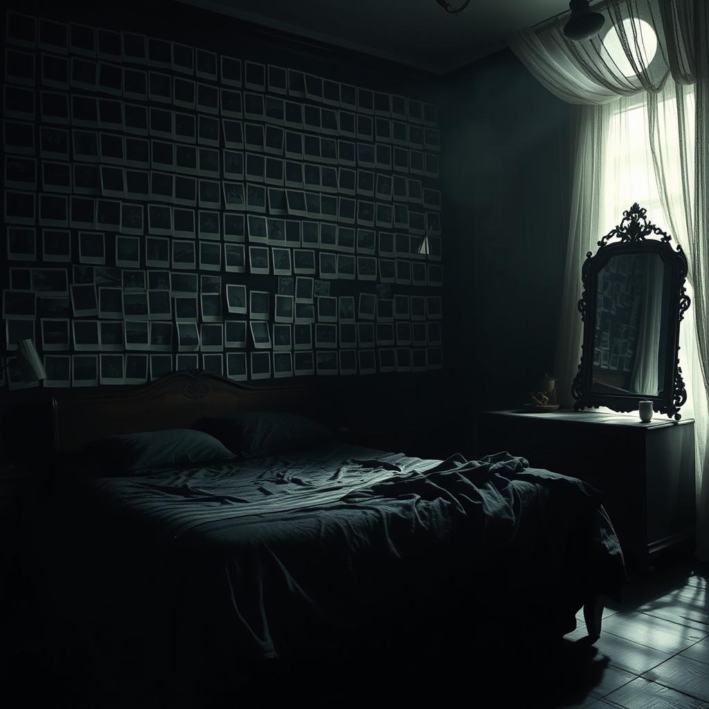 A dark romantic scene set in a dimly lit bedroom, featuring an entire wall covered with blank Polaroid-style photographs