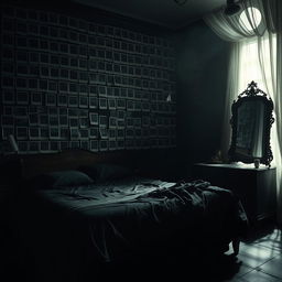 A dark romantic scene set in a dimly lit bedroom, featuring an entire wall covered with blank Polaroid-style photographs