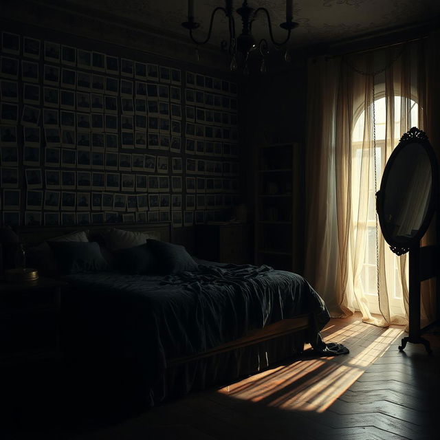 A dark romantic scene set in a dimly lit bedroom, featuring an entire wall covered with blank Polaroid-style photographs