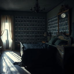 A dark romantic scene set in a dimly lit bedroom, featuring an entire wall covered with blank Polaroid-style photographs