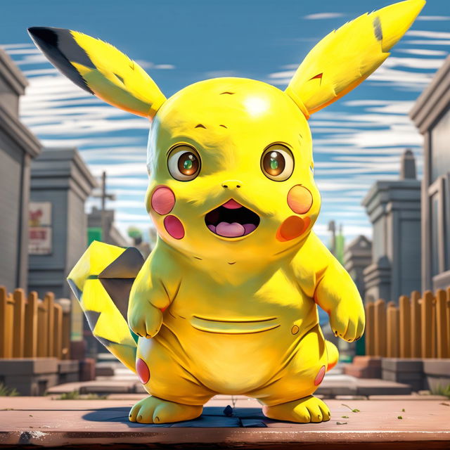 Pikachu reimagined as a Simpsons character, with angular features, pastel yellow fur, pronounced red cheeks, and a jagged tail set against a typical Springfield backdrop.