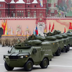 A state-of-the-art armored military vehicle, leading the march, followed by a dozen disciplined soldiers in formation.