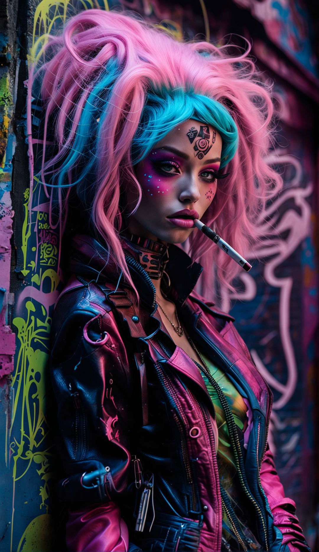 Neon pink-skinned alien with large eyes and pink irises wearing a cyan wig in cyber-street-punk attire smokes a cigarette in a graffitied cyberpunk alleyway filled with alien symbols.