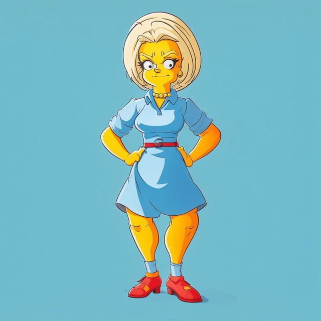 A Simpsons-style cartoon character: a confident blonde woman in a light blue dress and red shoes, standing with hands on hips against a sky-blue background.