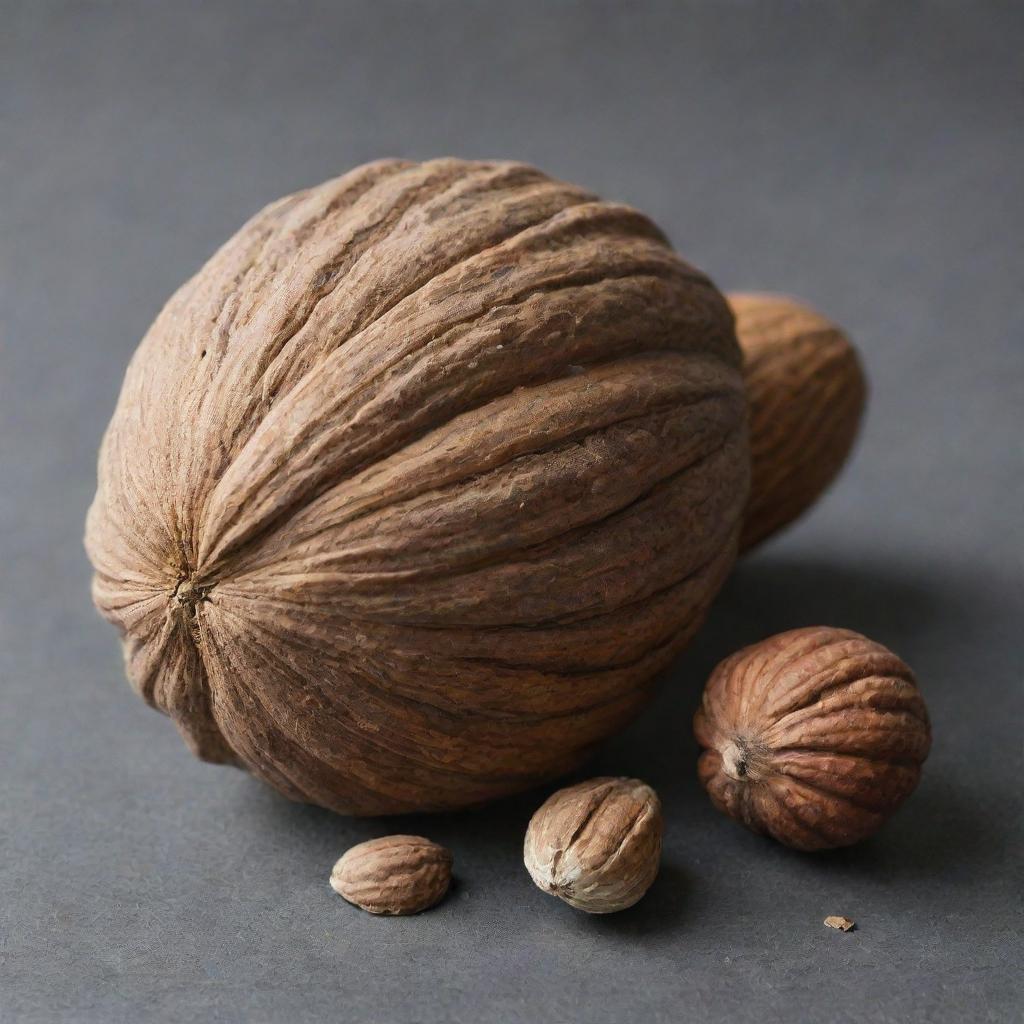 An incredibly large nut, vastly surpassing any known size for a nut, with intricate patterns on its shell, laying on a comparison scale next to recognizable objects for perspective