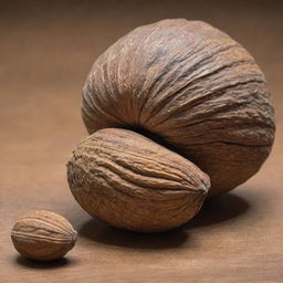 An incredibly large nut, vastly surpassing any known size for a nut, with intricate patterns on its shell, laying on a comparison scale next to recognizable objects for perspective