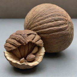 An incredibly large nut, vastly surpassing any known size for a nut, with intricate patterns on its shell, laying on a comparison scale next to recognizable objects for perspective