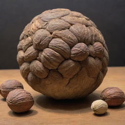 An incredibly large nut, vastly surpassing any known size for a nut, with intricate patterns on its shell, laying on a comparison scale next to recognizable objects for perspective