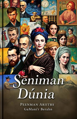 A captivating book cover design featuring a collage of famous world artists and their iconic artworks