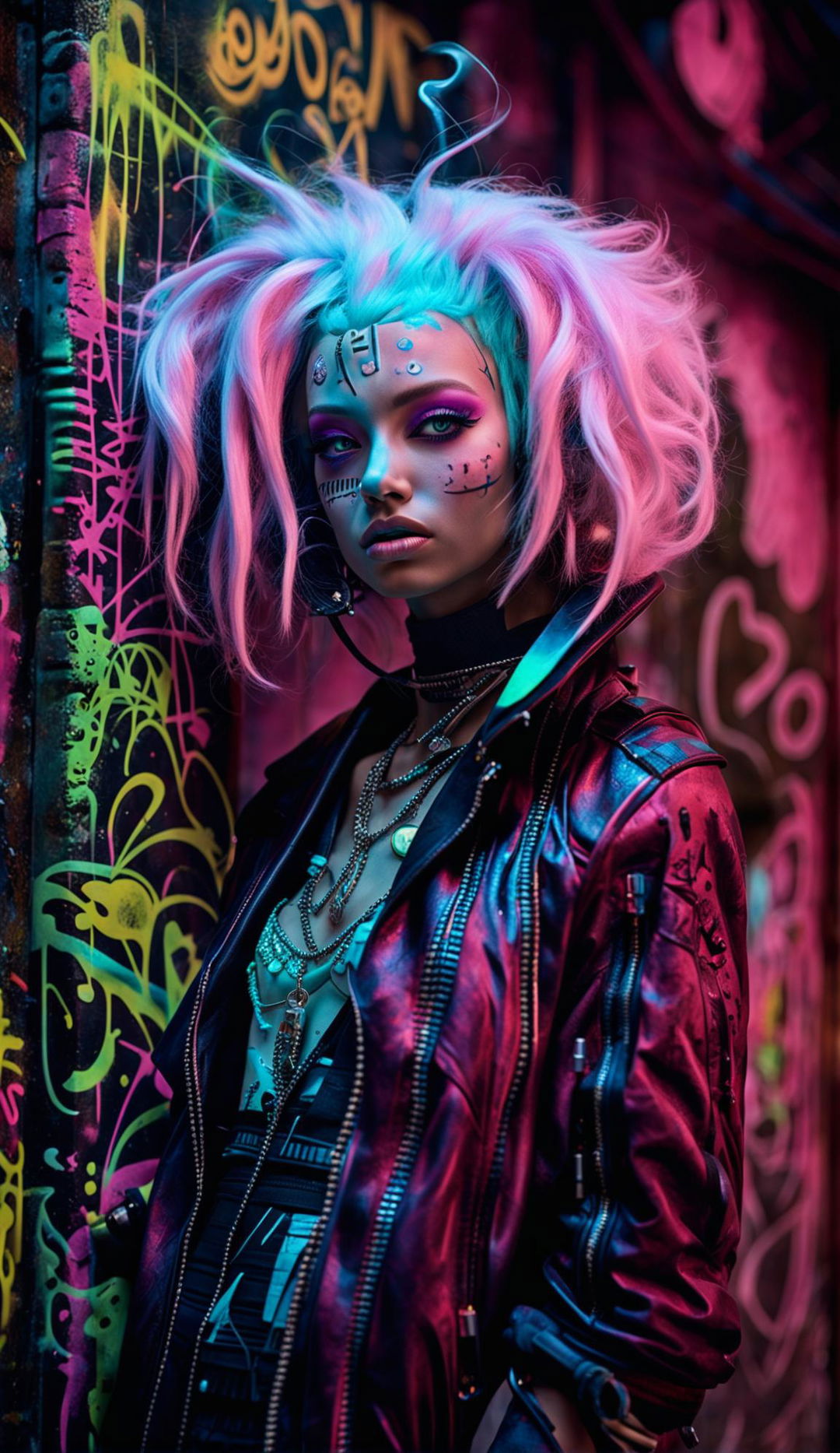 Neon pink-skinned alien with large eyes, pink irises, and an otherworldly face wearing a cyan wig in cyber-street-punk attire smokes a cigarette in a graffitied cyberpunk alleyway filled with alien symbols.