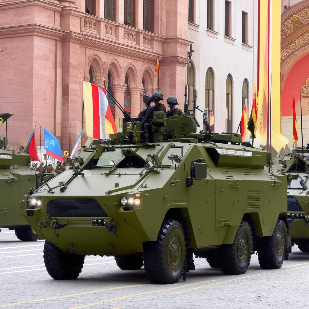 A state-of-the-art armored military vehicle, leading the march, followed by a dozen disciplined soldiers in formation.