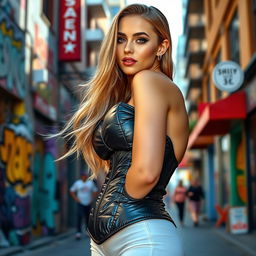 A hot girl in a tight, shiny black puffer corset that accentuates her big breasts and hourglass figure