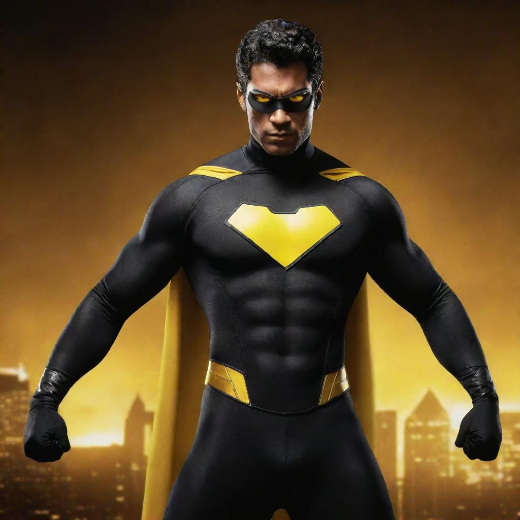 A superhero named Yamin-Man who is dressed in a sleek, black costume with vibrant yellow accents, looking bold with his glowing eyes and striking pose against a dramatic backdrop