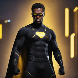 A superhero named Yamin-Man who is dressed in a sleek, black costume with vibrant yellow accents, looking bold with his glowing eyes and striking pose against a dramatic backdrop