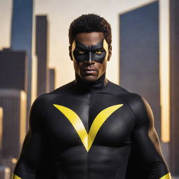 A superhero named Yamin-Man who is dressed in a sleek, black costume with vibrant yellow accents, looking bold with his glowing eyes and striking pose against a dramatic backdrop