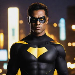 A superhero named Yamin-Man who is dressed in a sleek, black costume with vibrant yellow accents, looking bold with his glowing eyes and striking pose against a dramatic backdrop