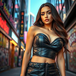 A hot girl in a snug, shiny black puffer corset that emphasizes her big breasts and voluptuous figure