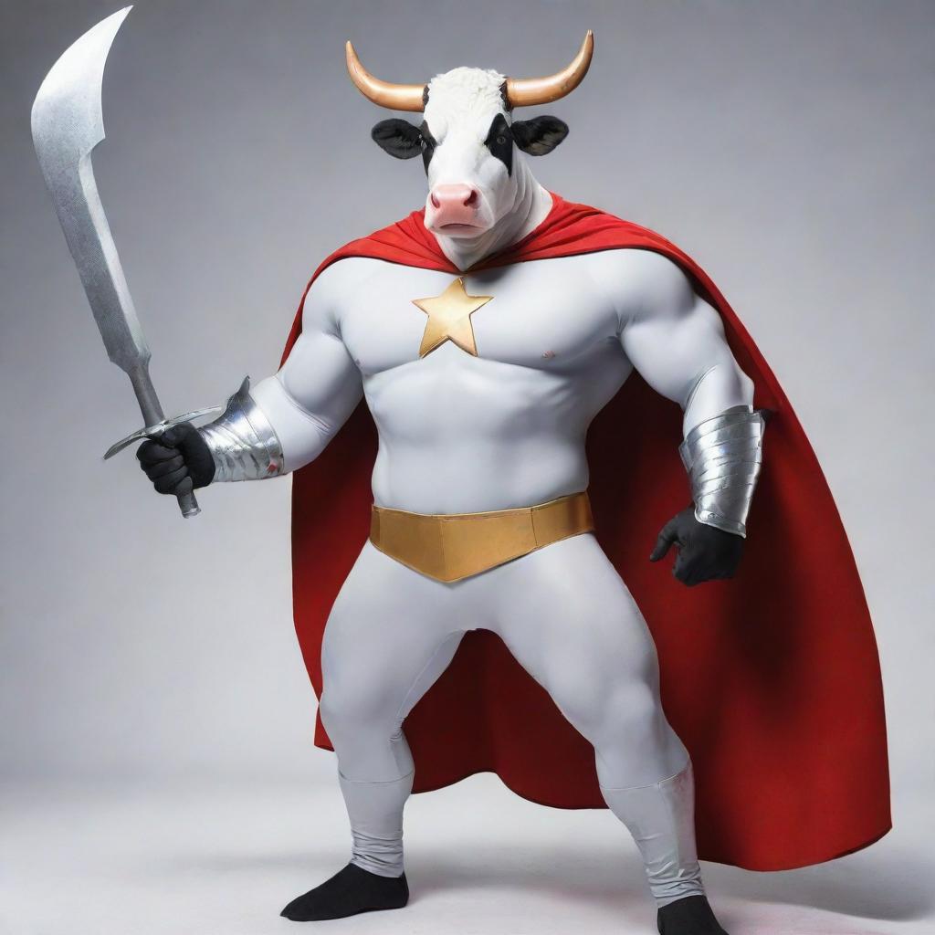 A cow-themed superhero holding a dazzling sickle weapon, standing valiantly. Dressed in a costume that creatively features elements of a cow, demonstrating strength and courage