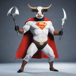 A cow-themed superhero holding a dazzling sickle weapon, standing valiantly. Dressed in a costume that creatively features elements of a cow, demonstrating strength and courage