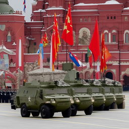 A state-of-the-art armored military vehicle, leading the march, followed by a dozen disciplined soldiers in formation.