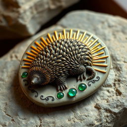 A beautifully carved 2D echidna depicted on a stone amulet, featuring intricate details that capture the texture of the echidna's spines
