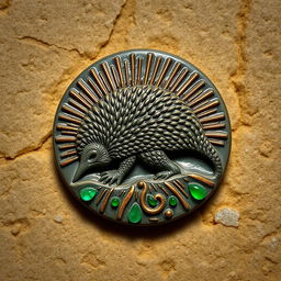 A beautifully carved 2D echidna depicted on a stone amulet, featuring intricate details that capture the texture of the echidna's spines