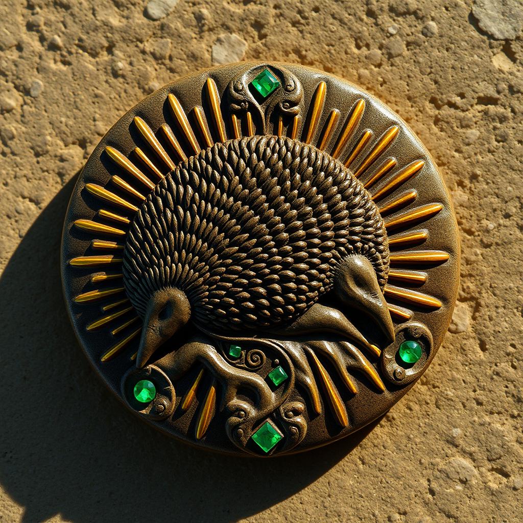 A beautifully carved 2D echidna depicted on a stone amulet, featuring intricate details that capture the texture of the echidna's spines